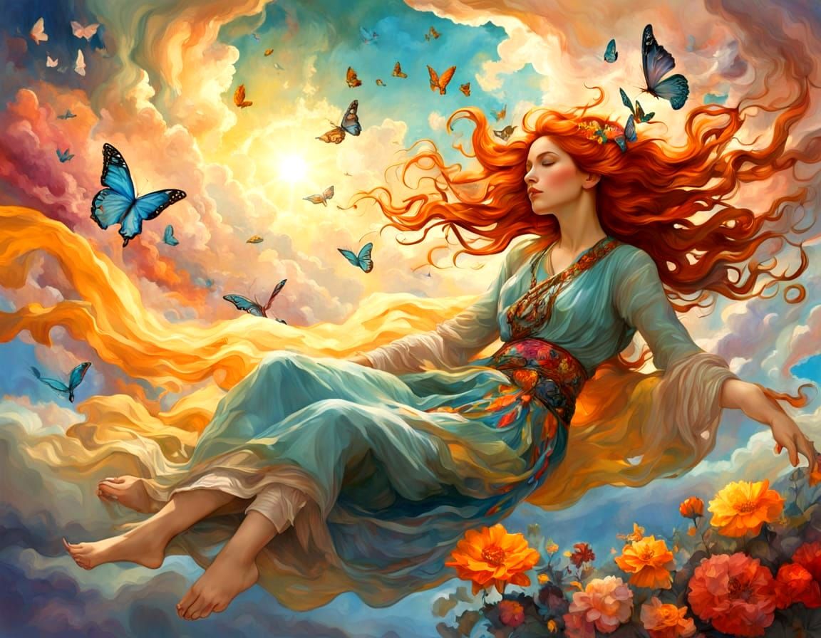 Beautiful Woman in Clouds with Wavy Red Hair