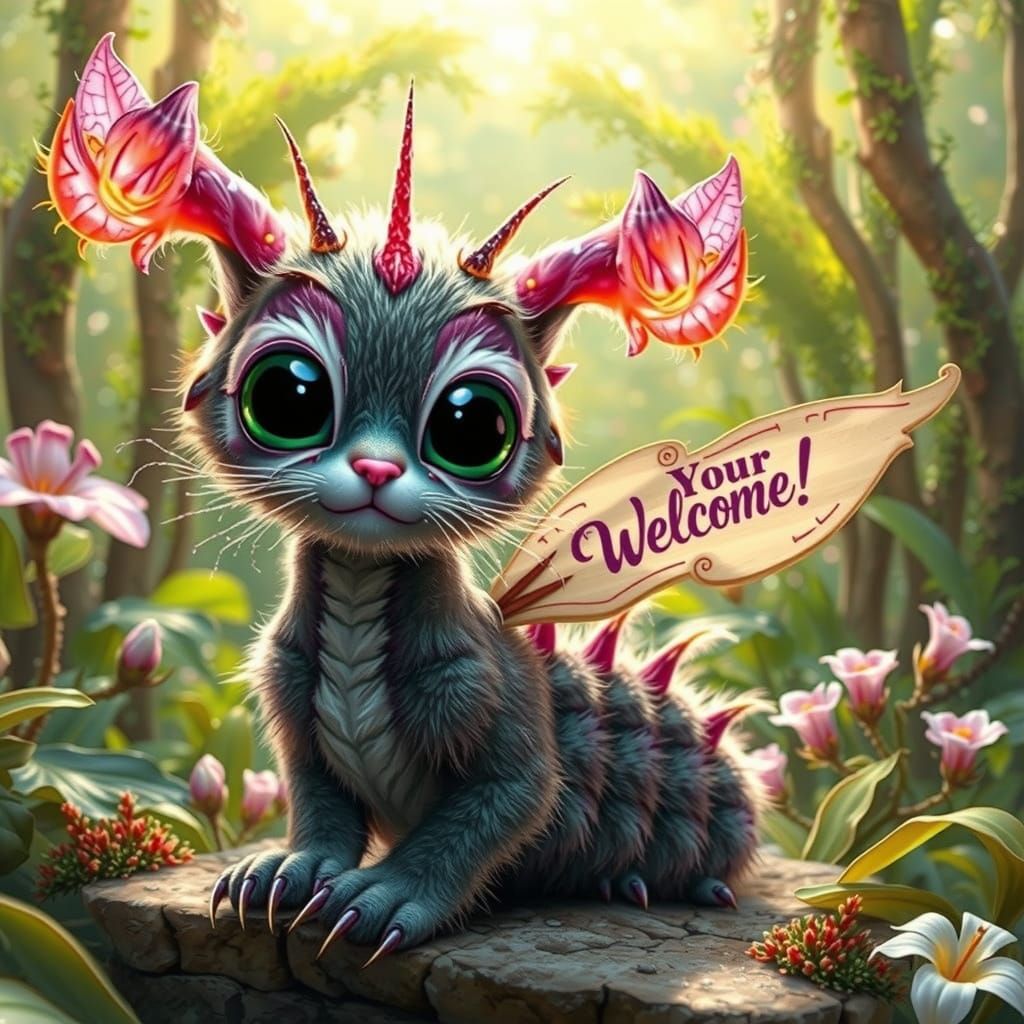 Surreal Fuzzy Cat-Caterpillar in Whimsical Botanical Garden