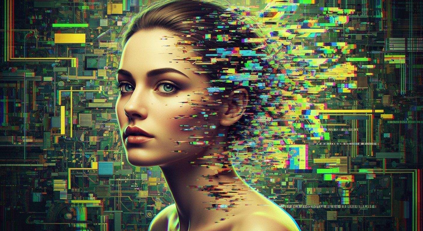 Glitching Pixel Portrait in Cyberpunk Art Deco Style