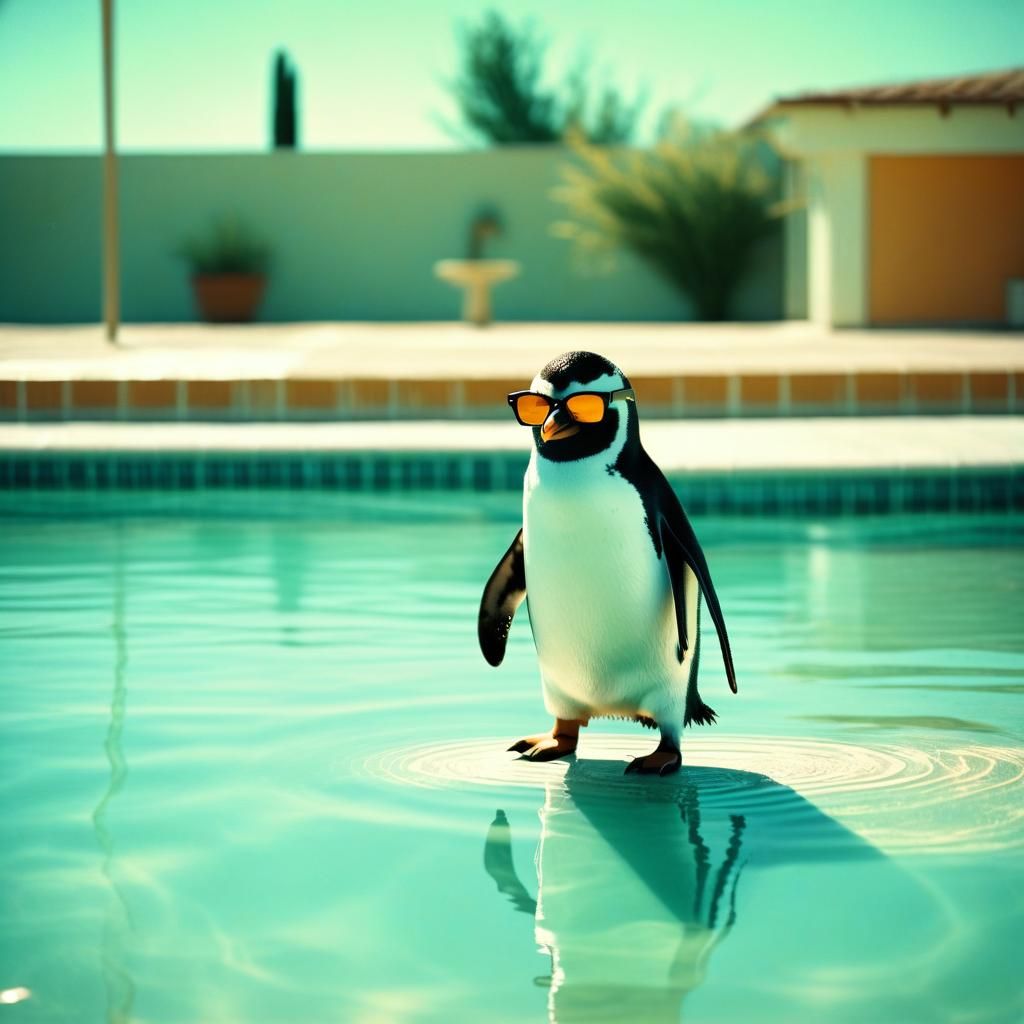 Penguin with Sunglasses at Pool: Cinematic Film Still