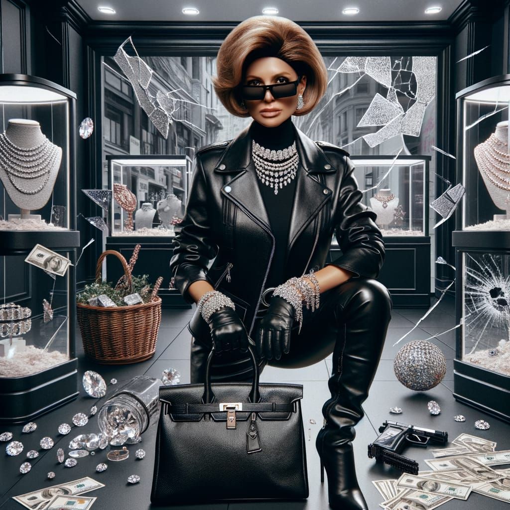 Cyberpunk TV Host as Edgy Jewel Thief in Leather Jacket