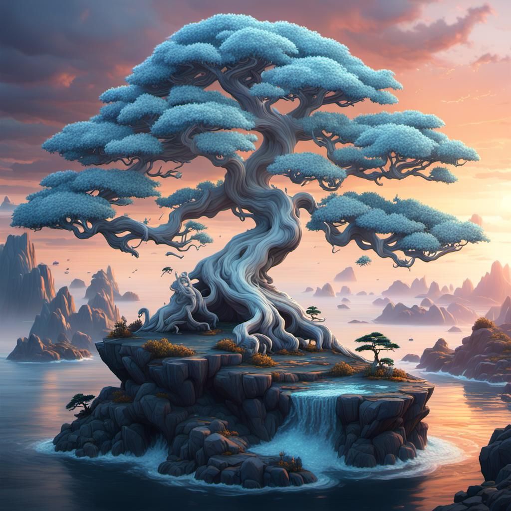an epic white bonsai tree on an island in a sea, behid is a sunset