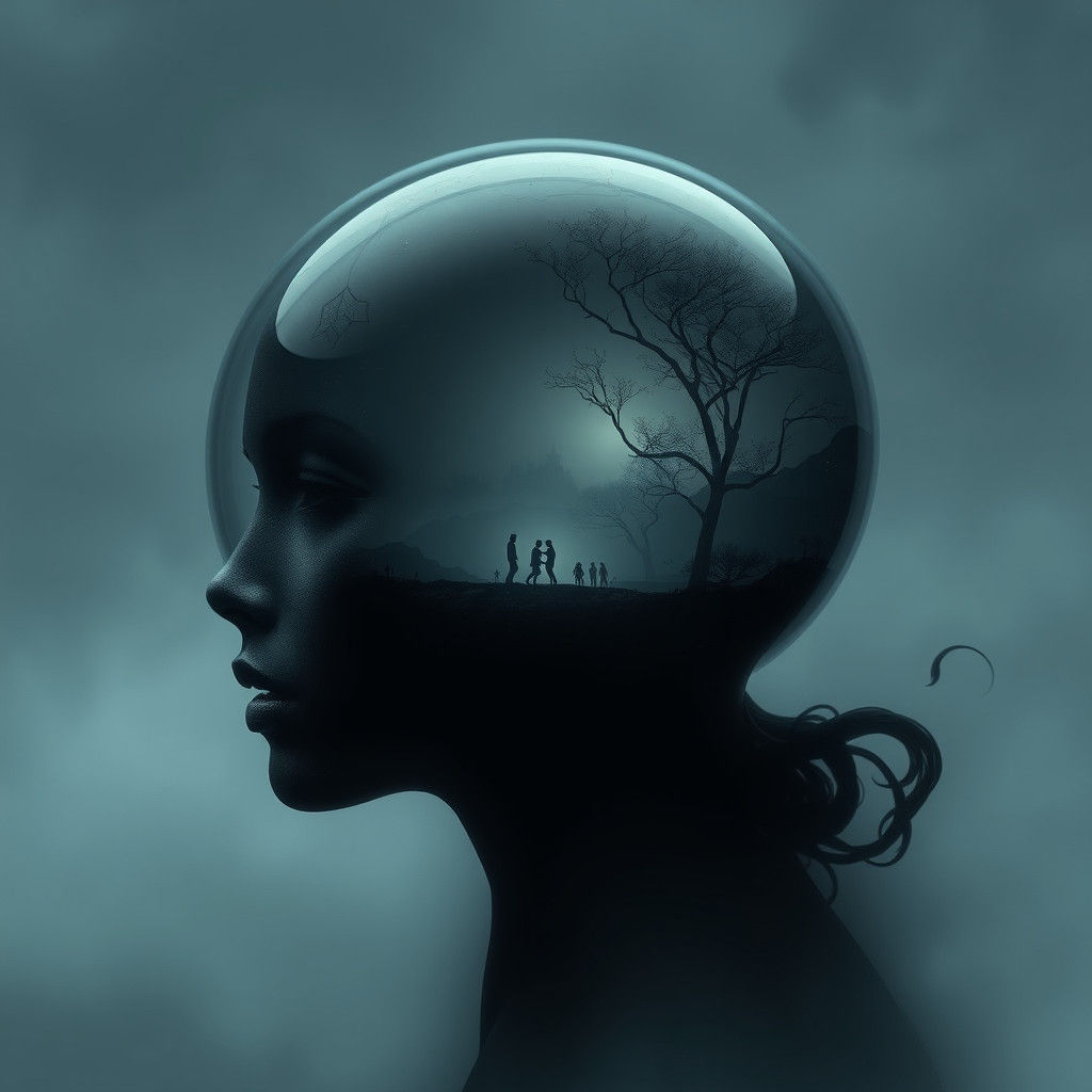 Surreal Woman's Head: Eerie Landscape Inside, in Dark Surrea...