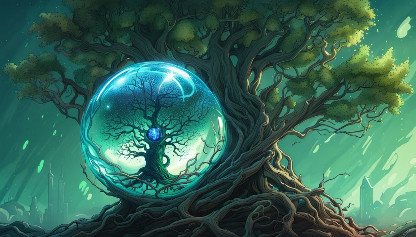 Tree in Glass Orb: Expressionist Digital Illustration