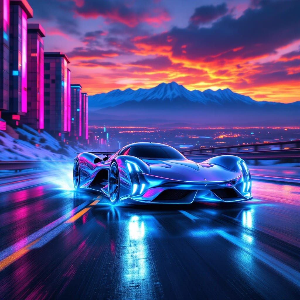 Sleek Silver Phantom Speeds Through Neon Cityscape