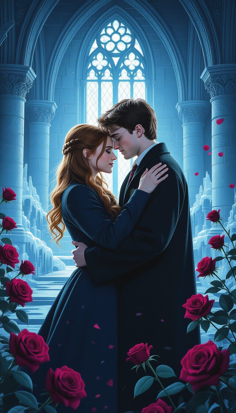 Harry and Ginny's Frozen Embrace in Hyperrealistic Style