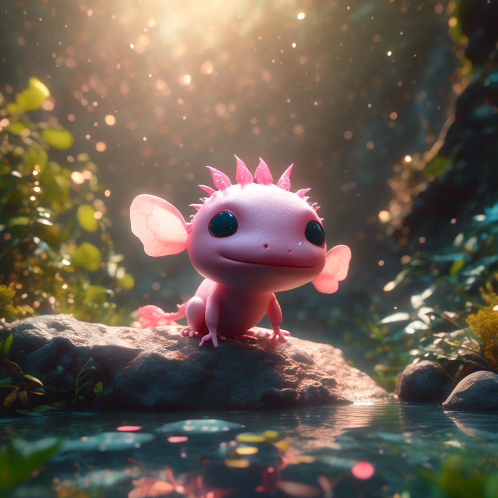 Axolotl Sunbathing in Forest Stream: 3D Digital Art