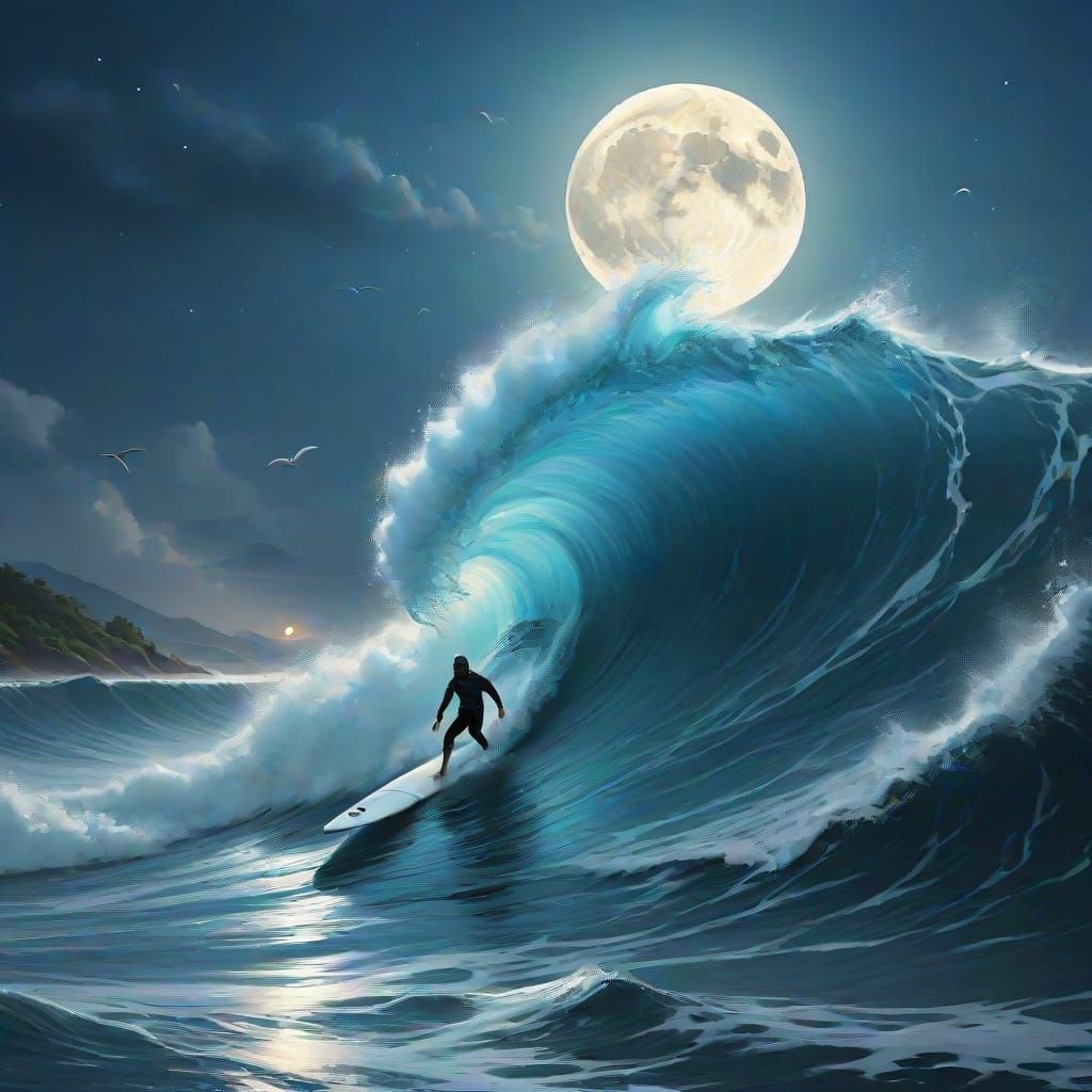 Surfing a Lunar Tsunami Under Moonlight