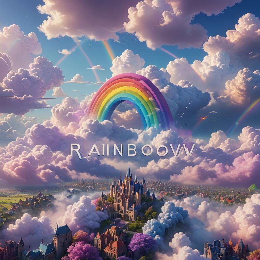 Rainbow Typography in Pastel Sky, Fantasy Concept Art