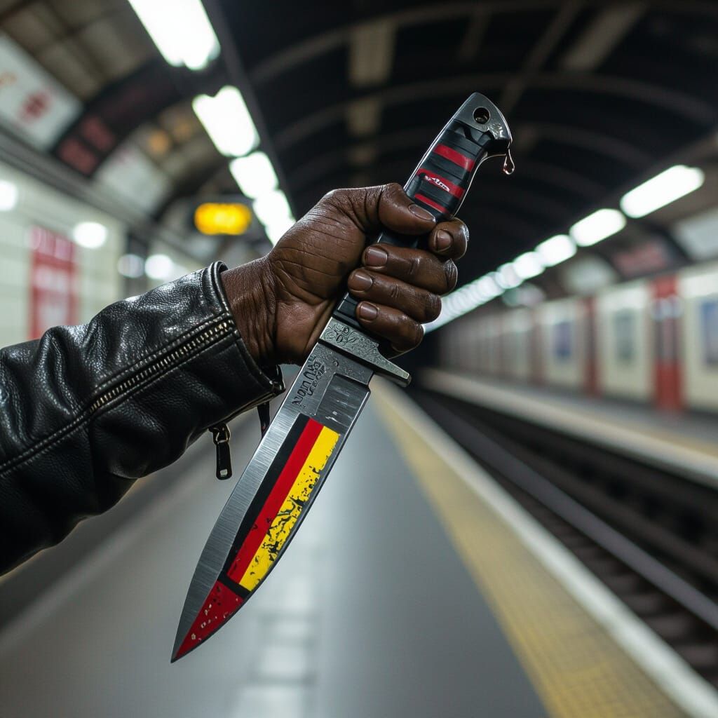 Gritty Train Station: Arm with Knife in Cyberpunk Style