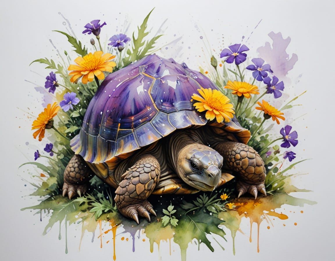 Rain-Kissed Garden Tortoise in Expressive Watercolor