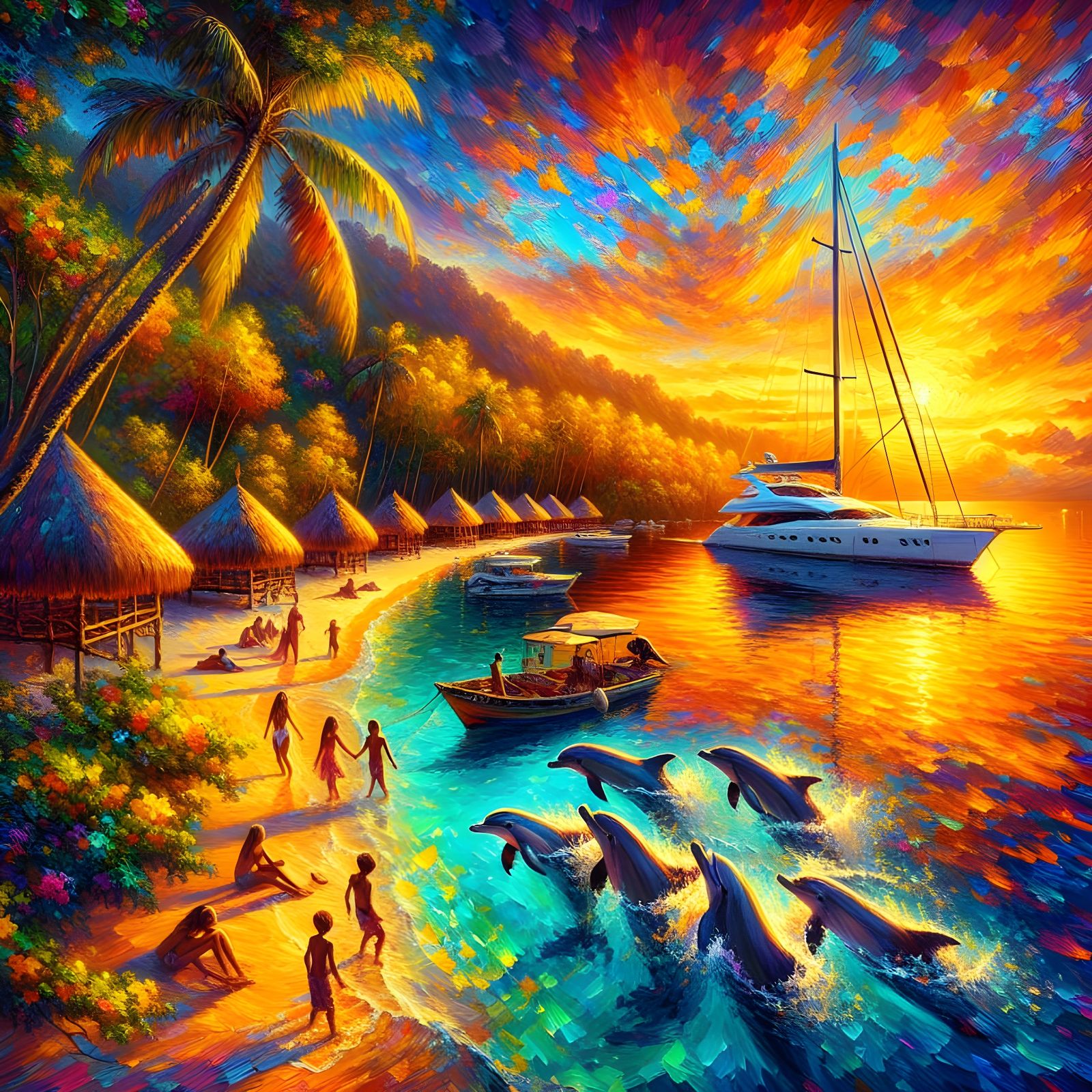 Impressionistic Tropical Beach Scene with Yacht and Dolphins