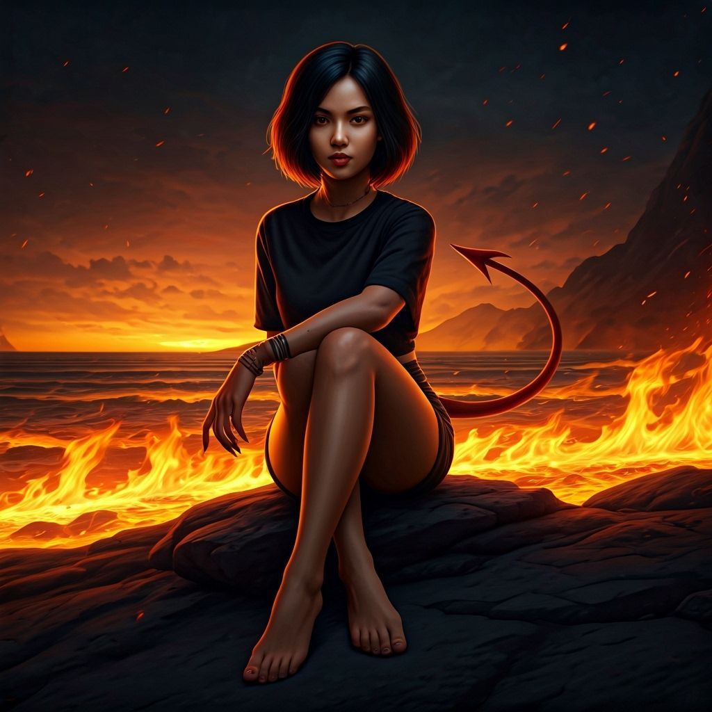 Fiery Beach Scene with Devilish Woman, Fantasy Art
