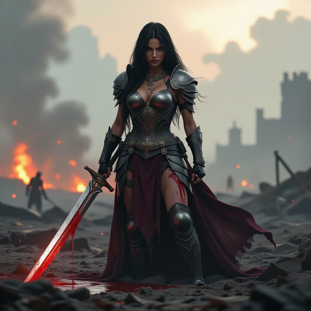 Fierce Female Warrior on Battlefield, Digital Matte Painting