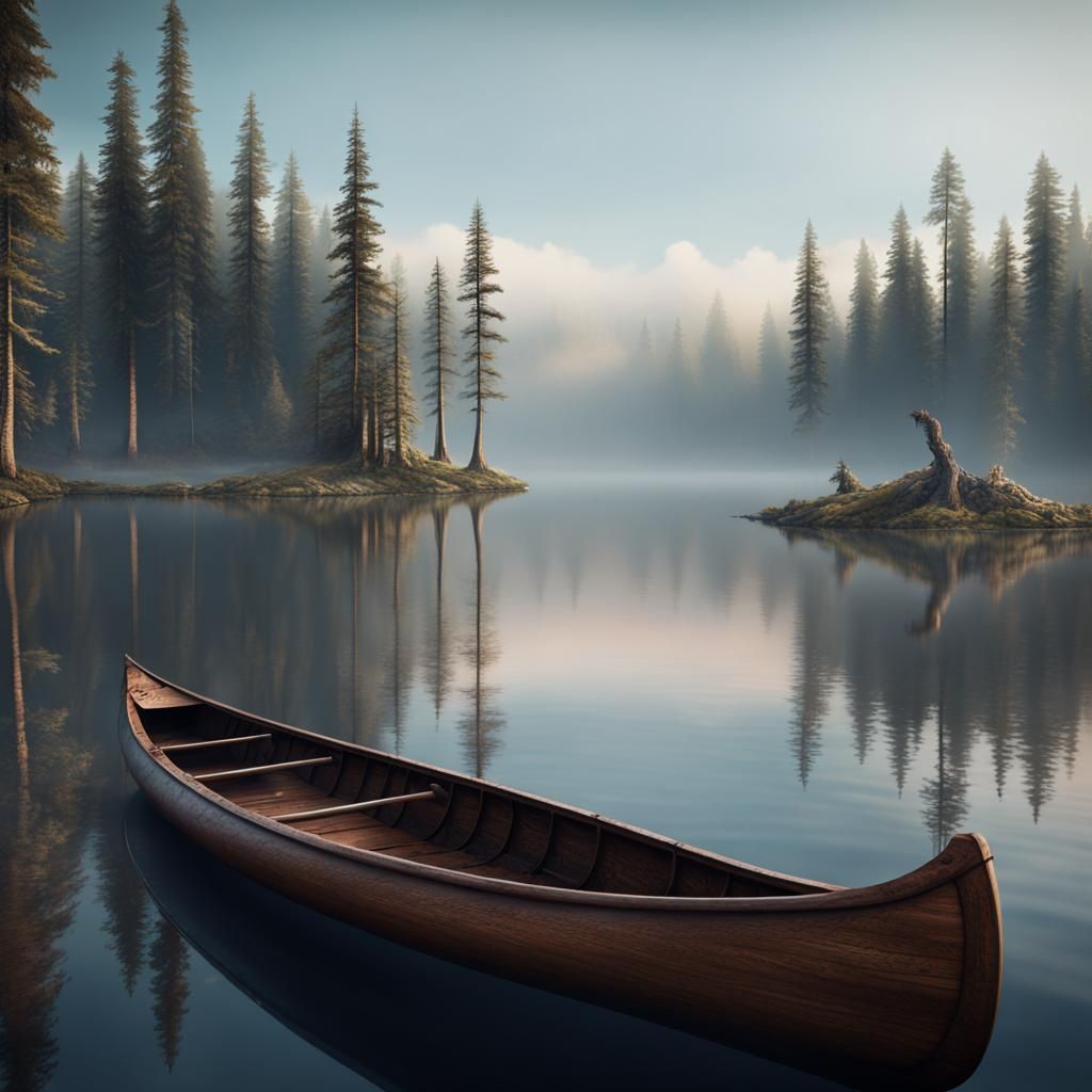 Serene Lake Canoe in Detailed Matte Painting