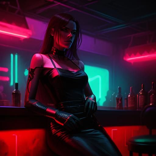 Woman in Red Silk in Smoky Neon Club