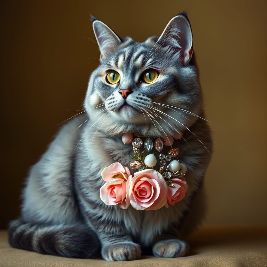 A british shorthair wearing a blossoming jeweled rose collar