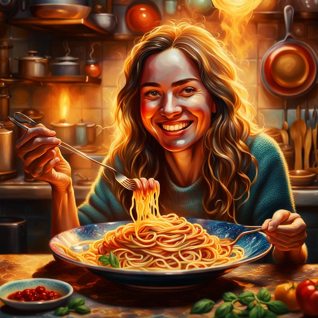Woman Holding Spaghetti: Fantasy Oil Painting Concept Art