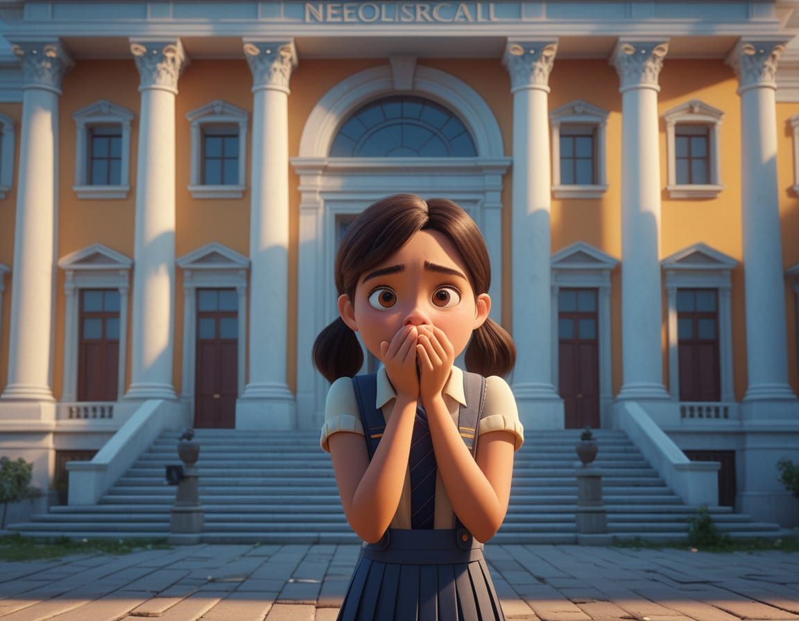 Shy Schoolgirl Before Neoclassical Building in Pixar Style