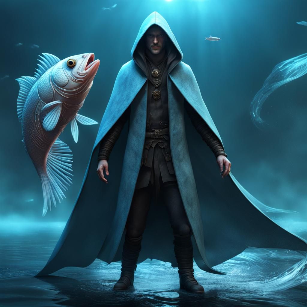 Aquatic Warrior in Hooded Cloak: Fantasy Art