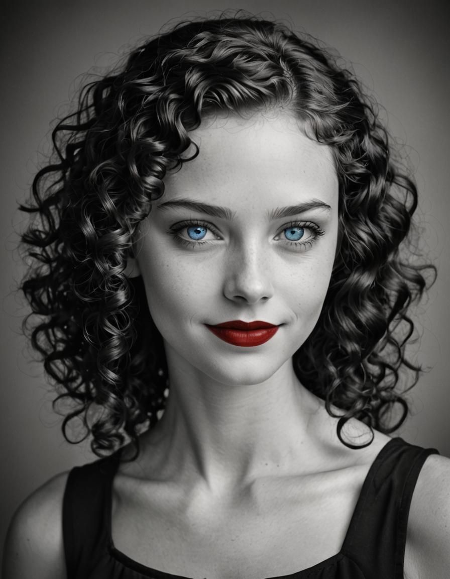 Young Girl Portrait with Blue Eyes and Red Lips