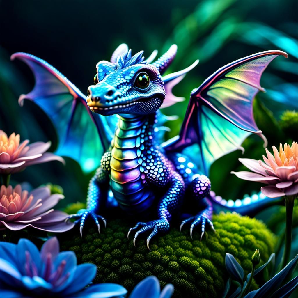 Cute Iridescent Dragon on Flower in Digital Painting