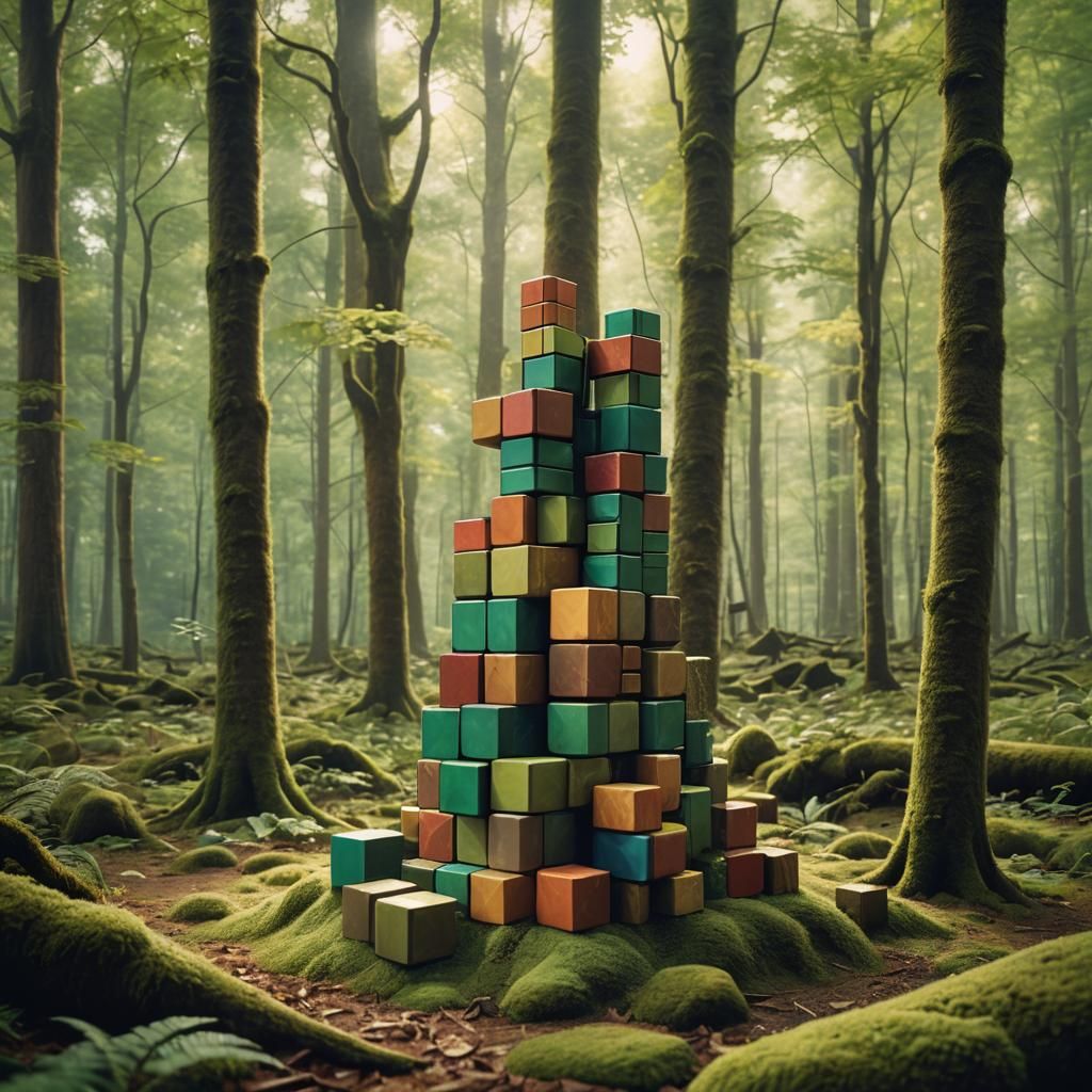 Tetris Blocks in Forest, Hyper-Realistic Concept Art