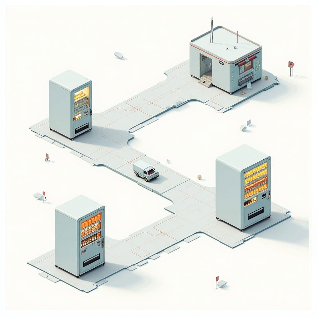 Vending Machines Network with Supply Trucks in Isometric Whi...