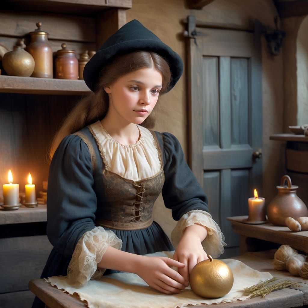 Young Witch Brings Doll to Life in Whimsical Oil Painting