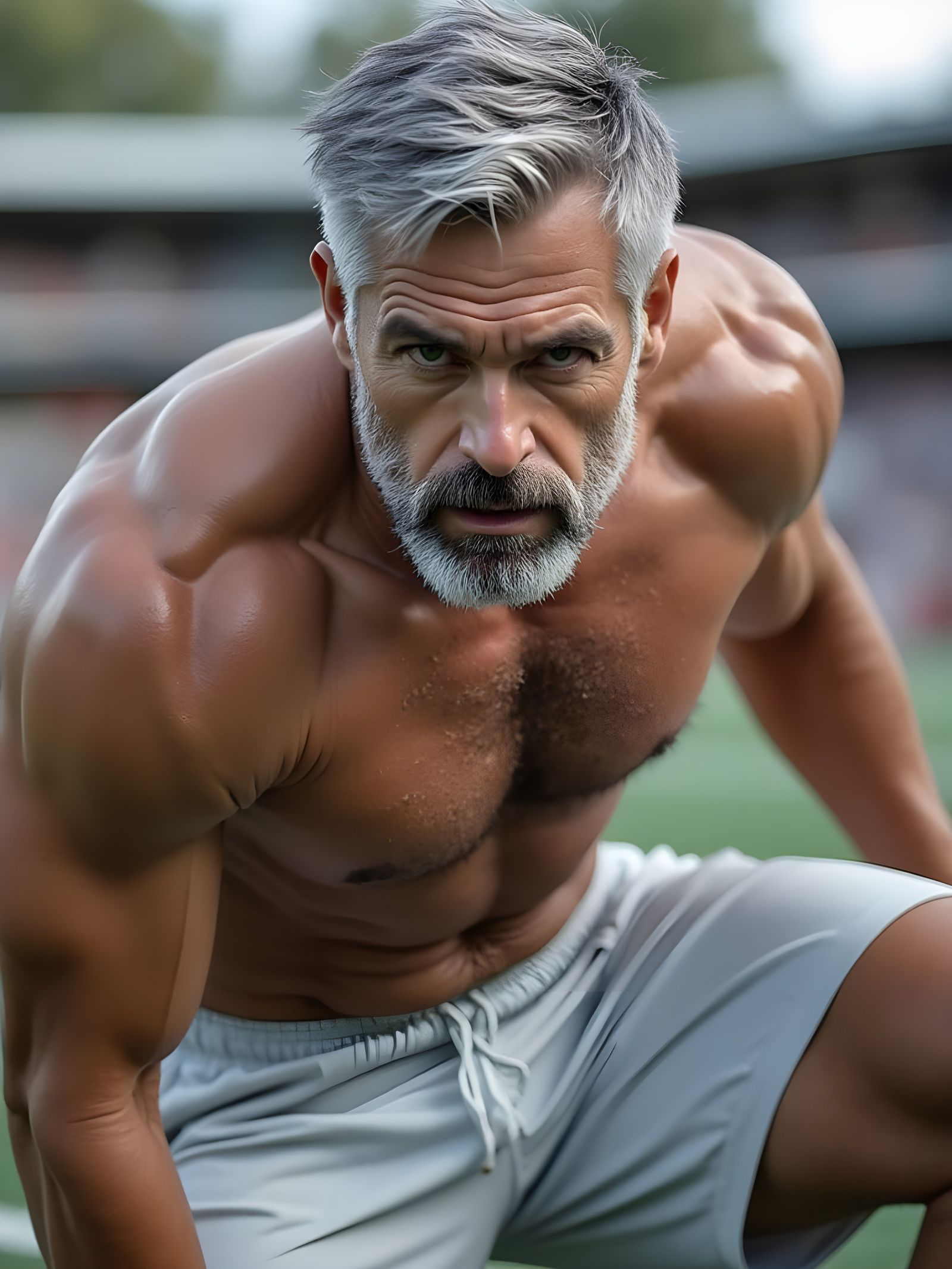 Hyperrealistic Silver Haired Athlete on Sports Field