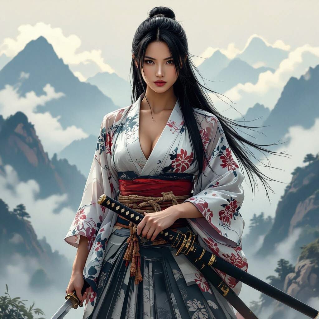 Female Samurai Warrior with Misty Mountain Backdrop