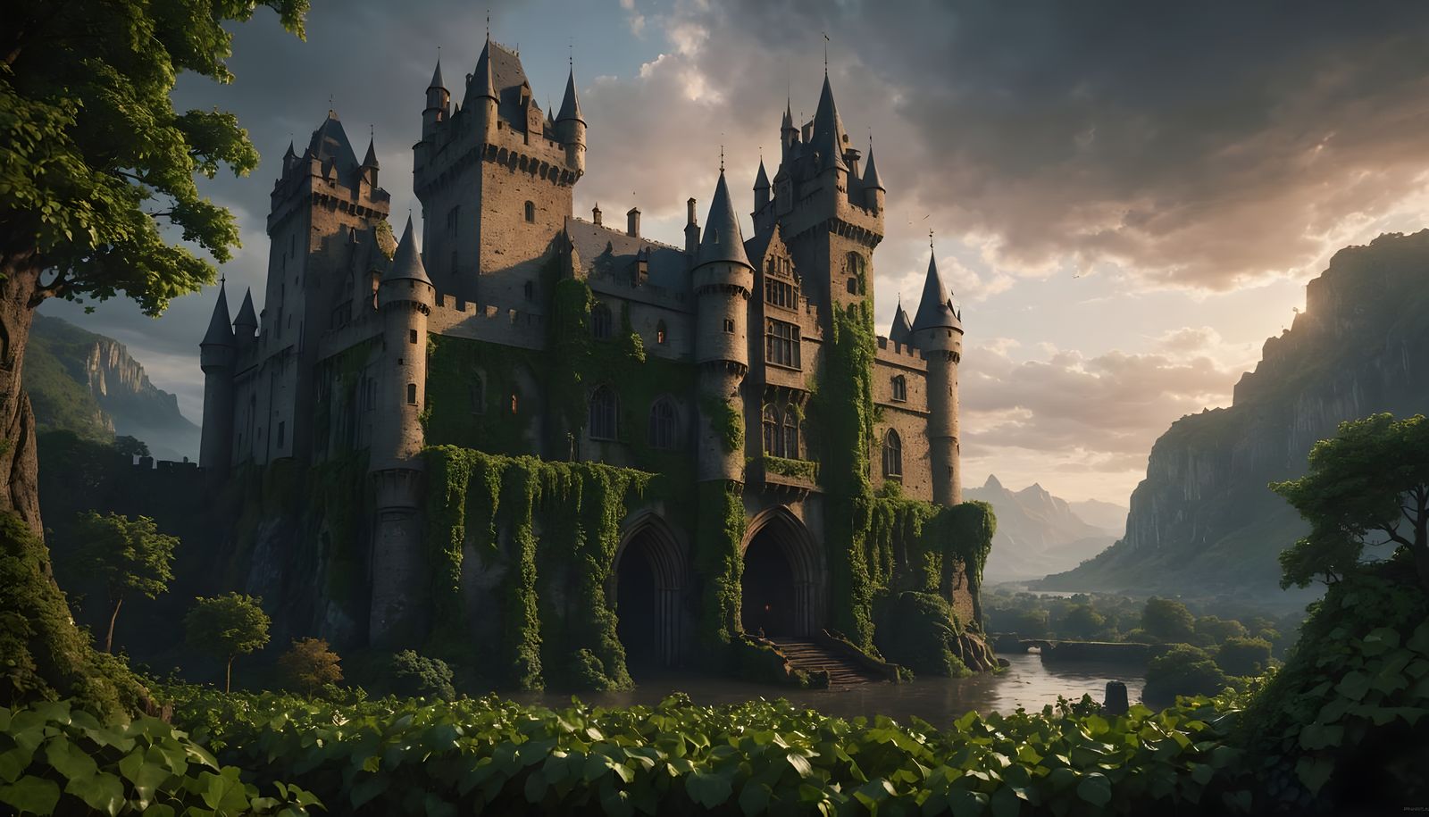 Towering Castle Against Rainy Sunset: Fantasy Concept Art