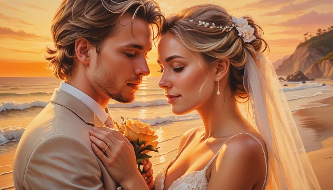 Romantic Oil Painting of a Couple at Sunset