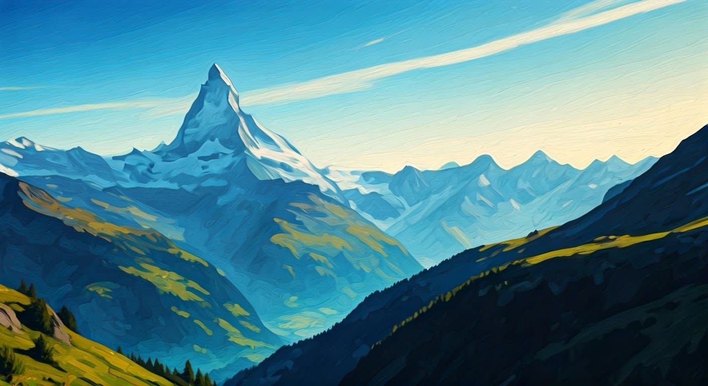 Swiss Alps Landscape in Gouache and Watercolor