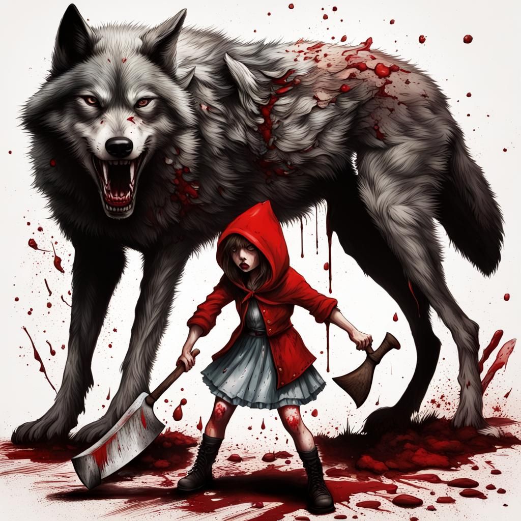 Little Red Riding Hood Beheading Wolf in Grisly Scene