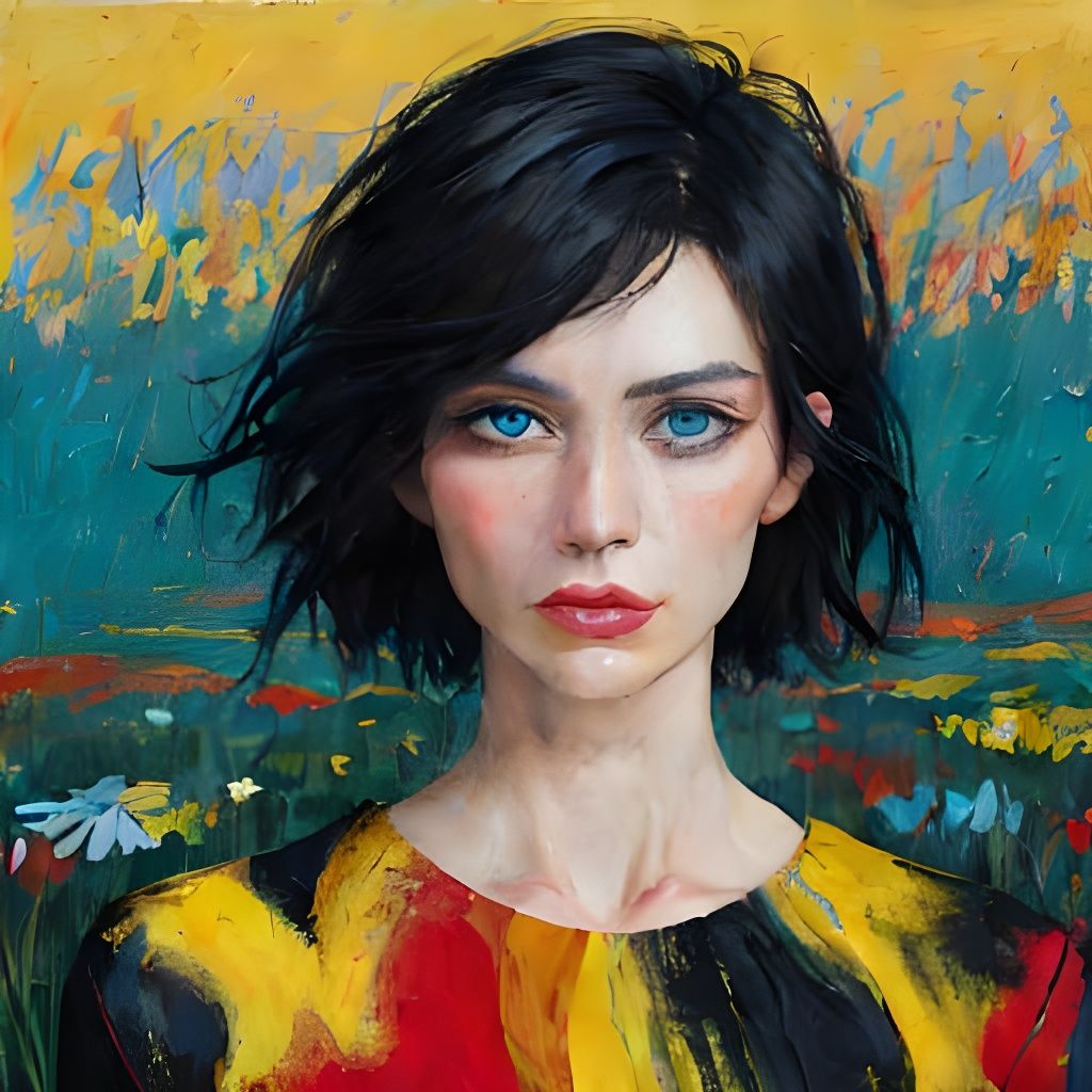 Colorful Expressionist Woman in Wildflower Field