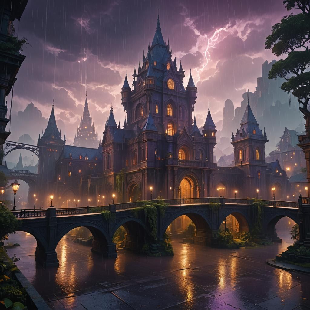 Mystical Cityscape in Rain: Fantasy Concept Art