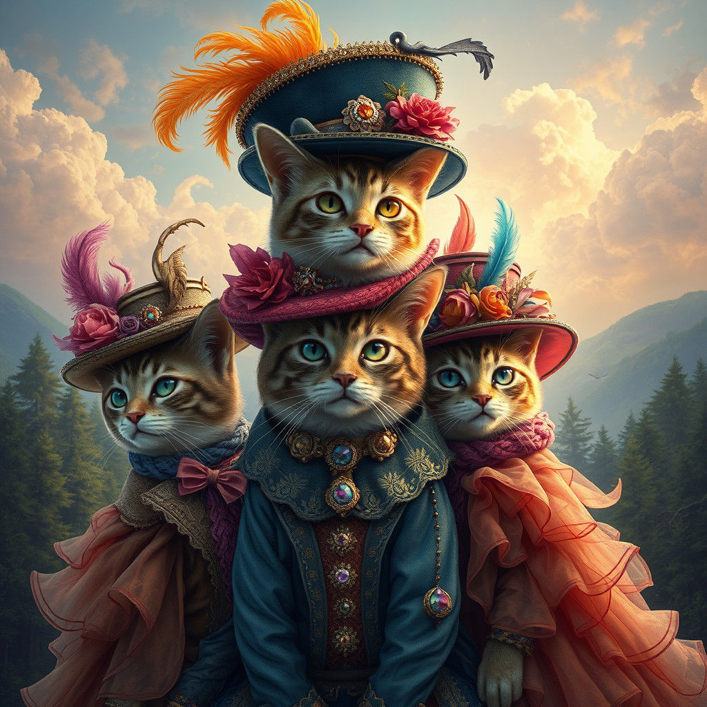 Cats Wearing Hats in a High-Fantasy Style
