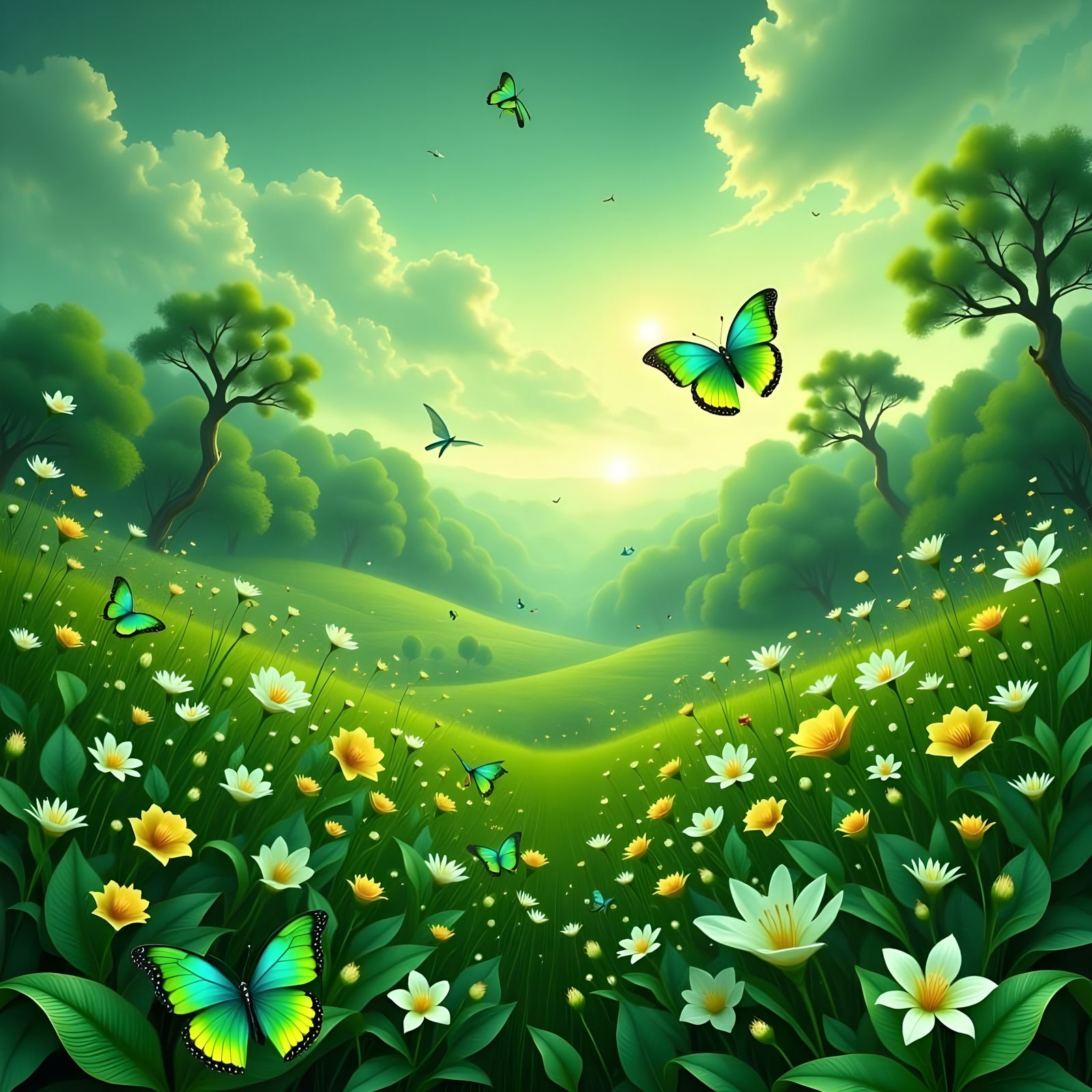 Dreamy Green Meadow in Vibrant Hues