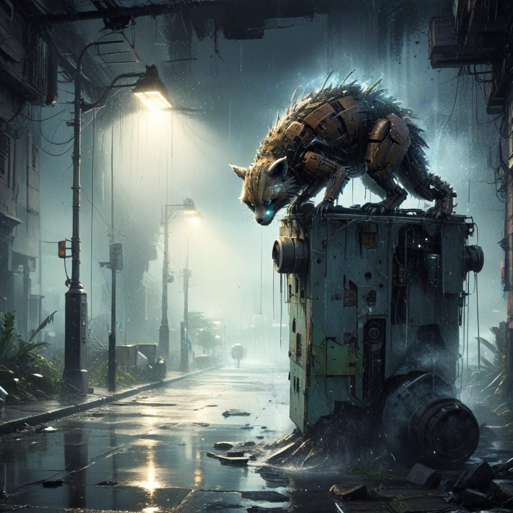 Cyberpunk Robot in City Storm as 3D Rendered Digital Art