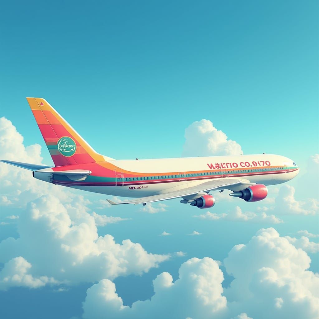 Retro MD-80 Airplane Soaring in Blue Sky