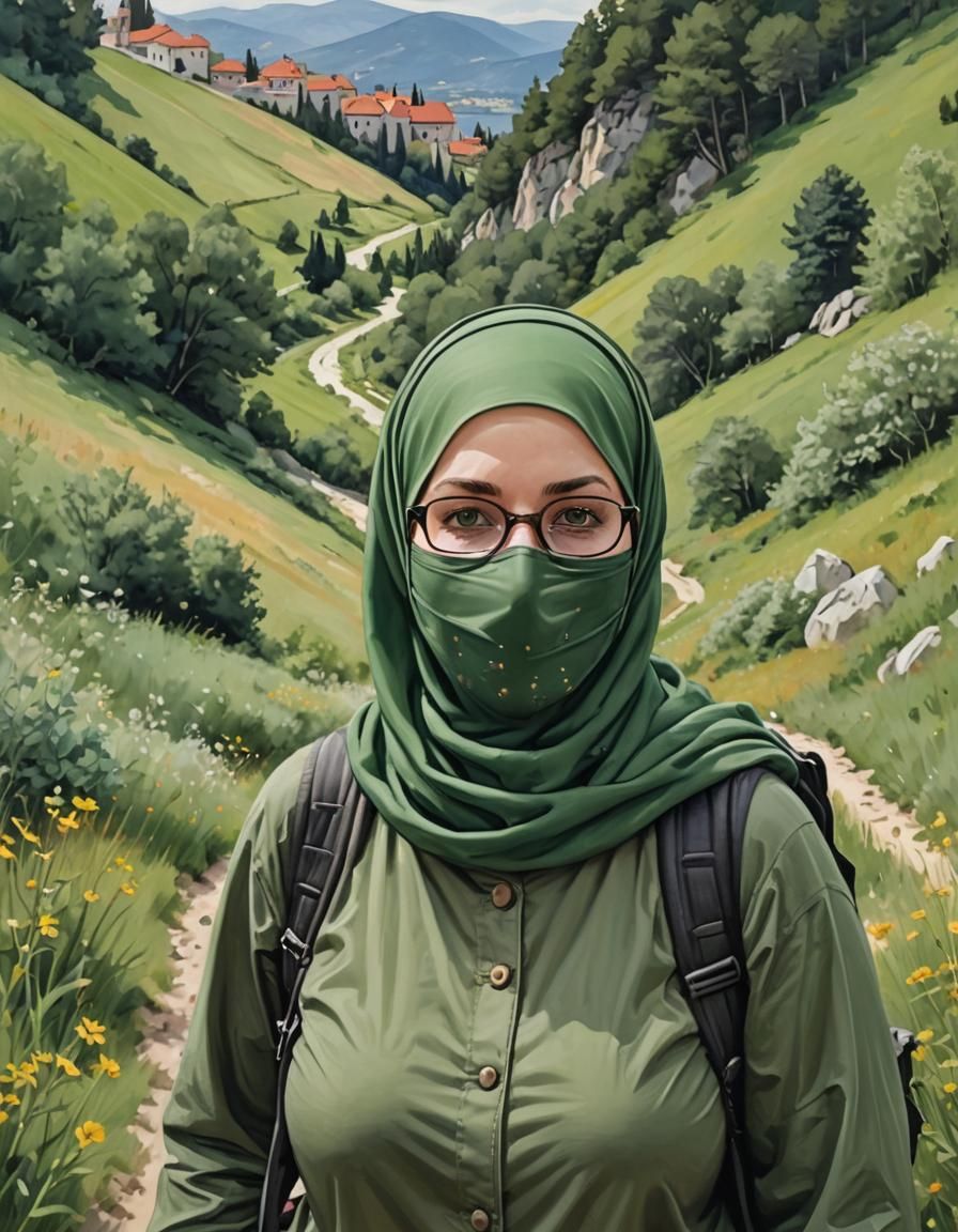 Woman Hiking in Croatia Landscape as Matte Painting