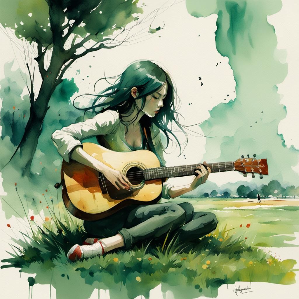Girl Playing Guitar on Green Grass Watercolor