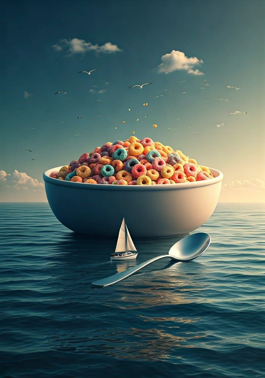 Giant Fruit Loops Bowl Floating at Sea