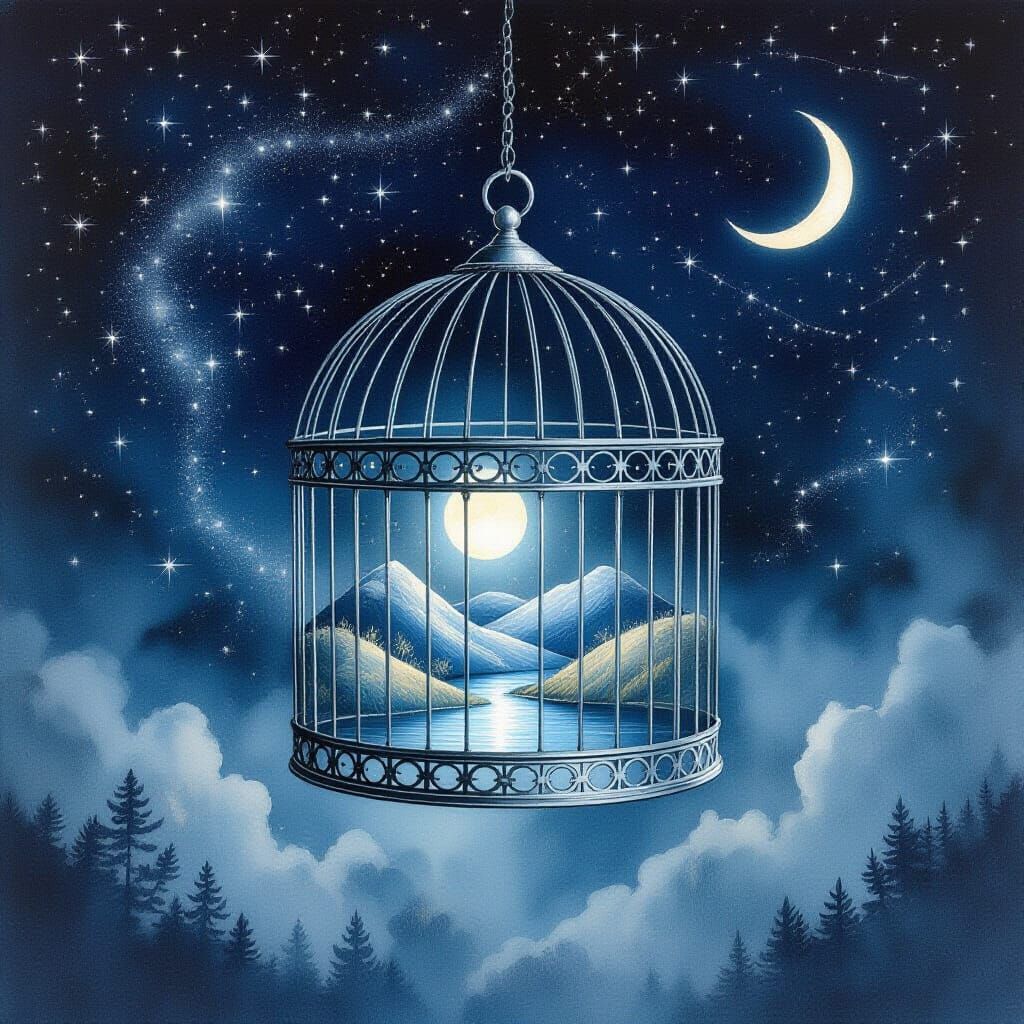 Surreal Birdcage With Inner Landscape Among Stars