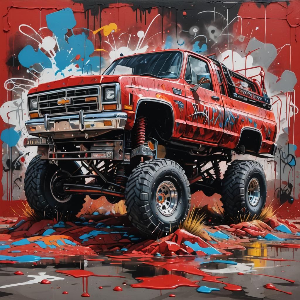 Red Off-Road Truck in Graffiti Art Style