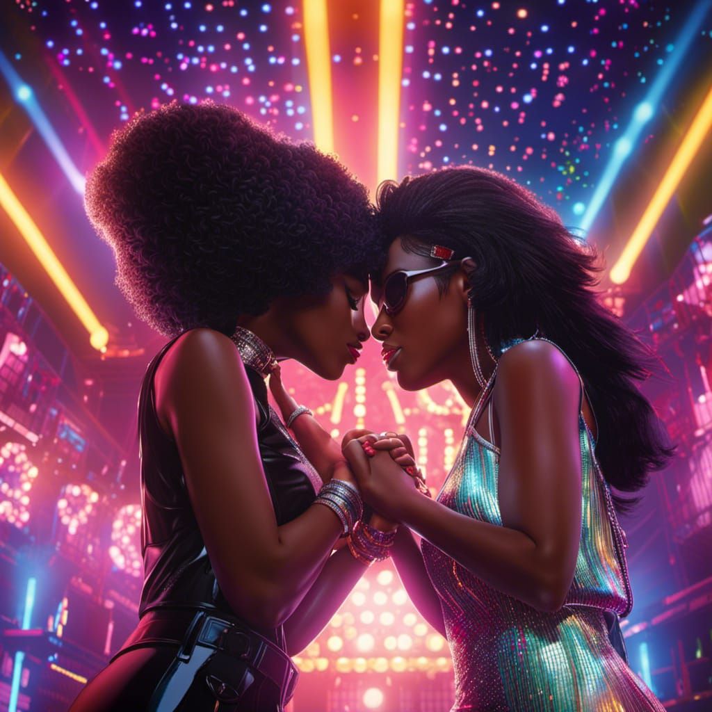 Two Girls Kissing in 1970s Disco Art