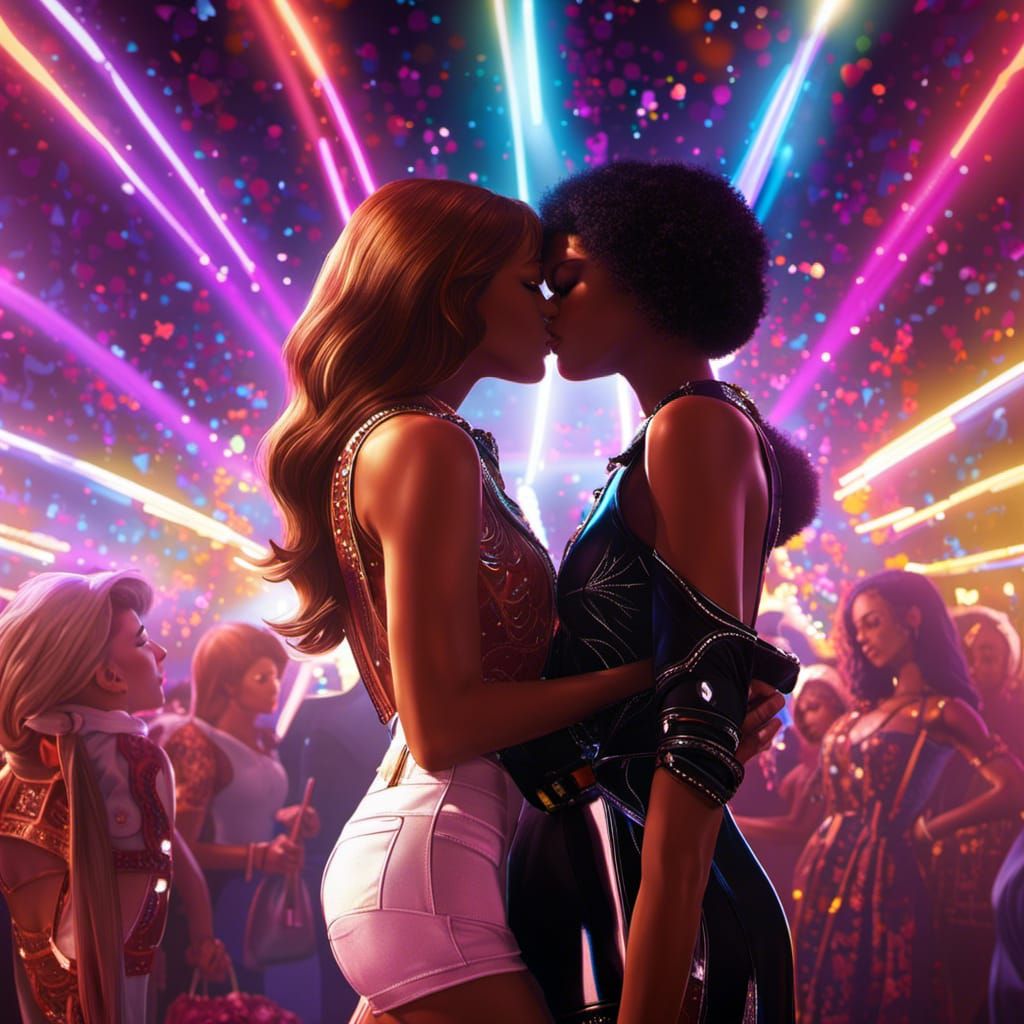 Girls Kissing in 1970s Disco: Hyperdetailed Concept Art
