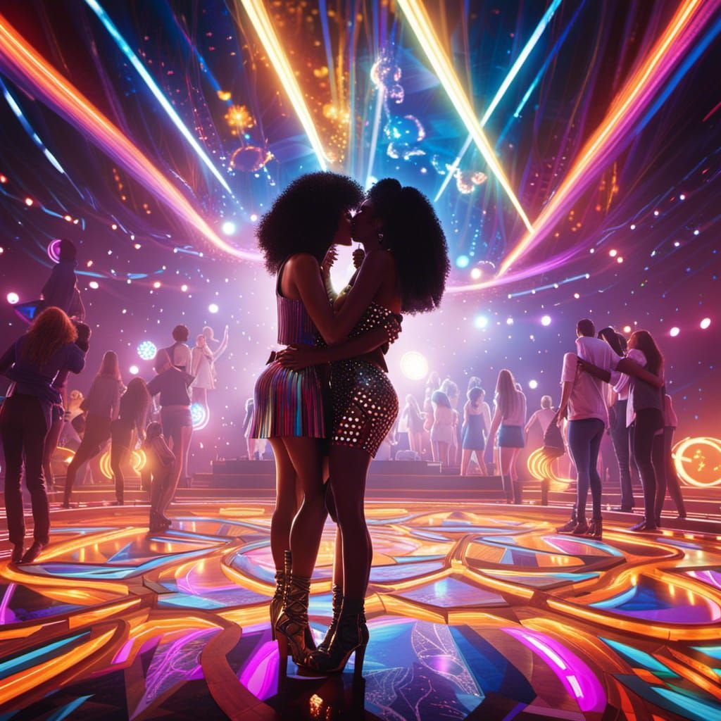 Two Girls Kissing in 1970s Disco, Artstation Style