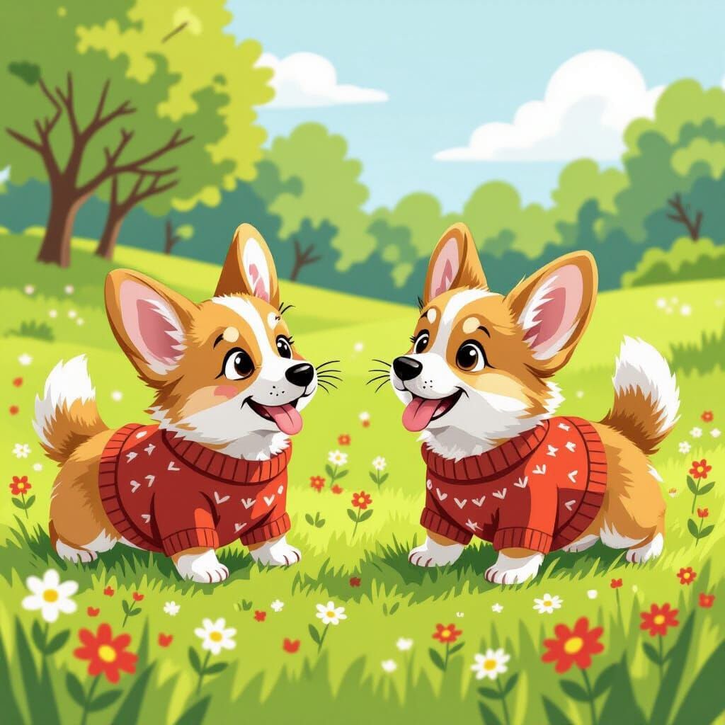 Corgi Puppies Play in Meadow, Potter Style